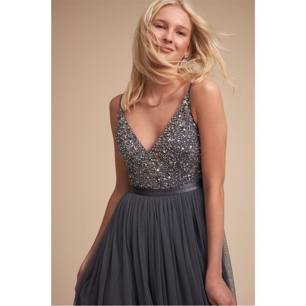 BHLDN Avery Bridesmaid Dress in Hydrangea with sequin bodice and tulle skirt